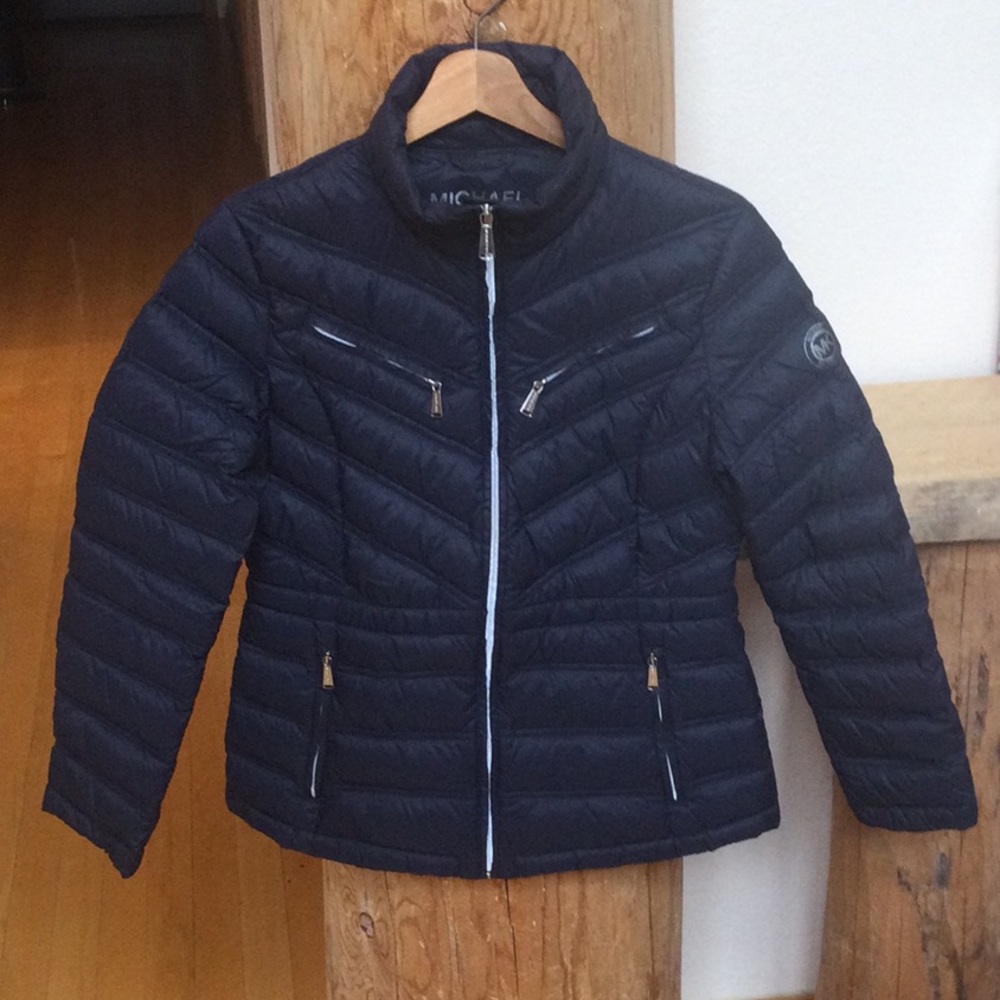Michael Kors S Blue Puffer Down Feather Jacket Chevron Quilting Stand-Up Collar